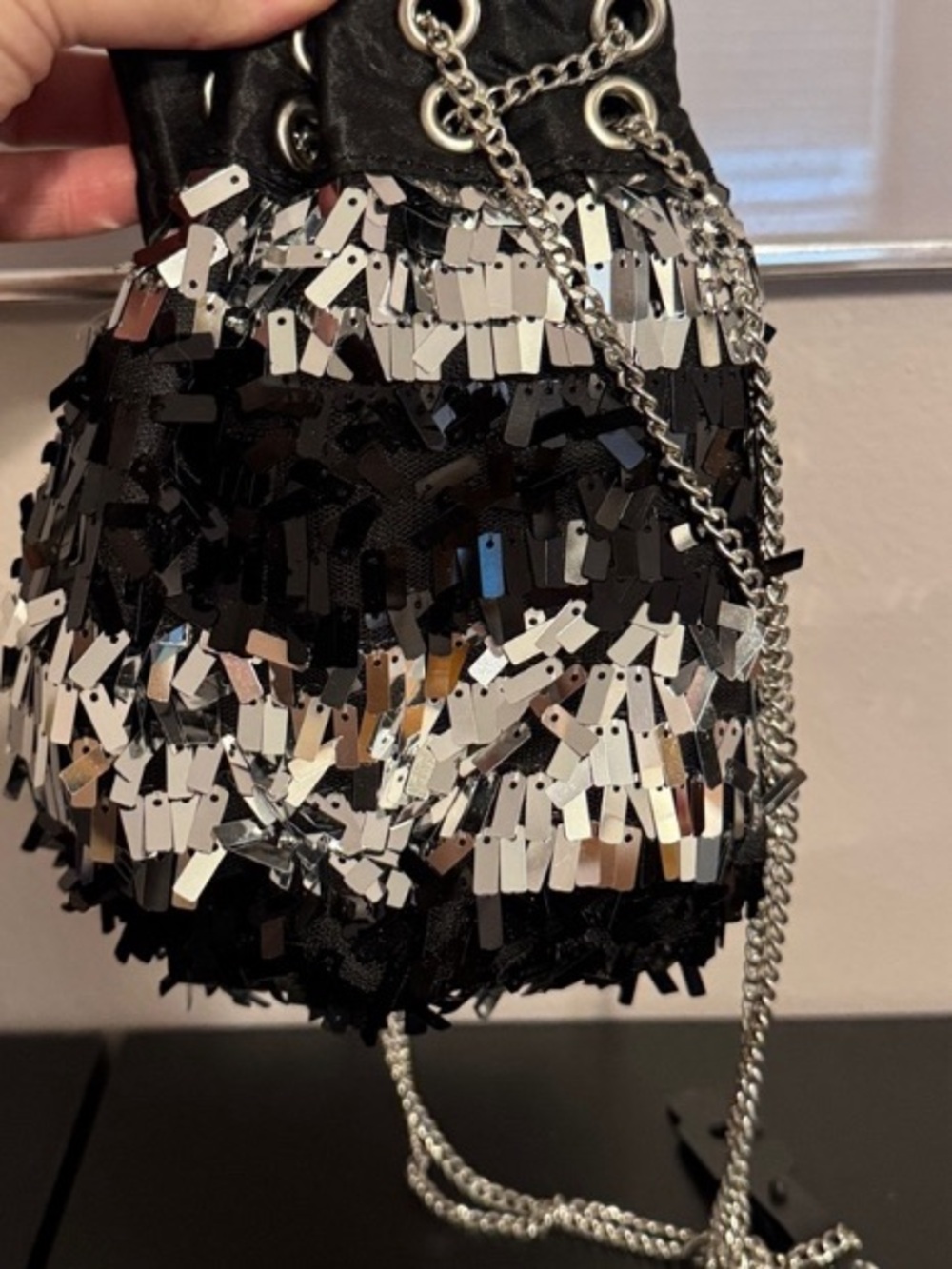 Betsey Johnson Black and Silver Sequin Chain Bucket Bag - Picture 2 of 7